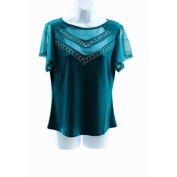 Petite Studded Short Flutter Sleeve Top Size Petite Medium Green - Picture 3 of 4